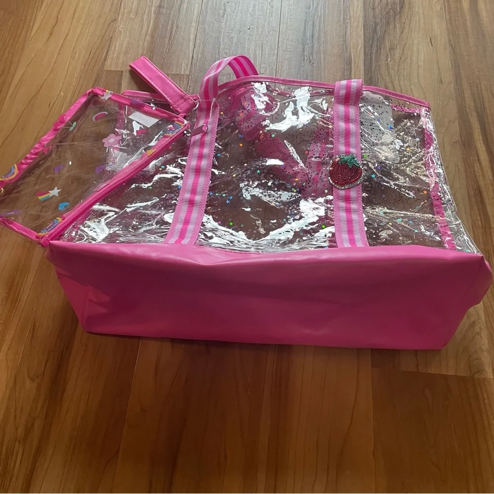 Clear Tote & Wristlet with Sparkle Accents & Pink Trim New
